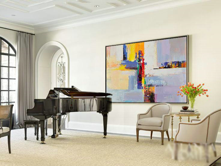 Handmade Extra Large Contemporary Painting,Horizontal Palette Knife Contemporary Art Panoramic Canvas Painting,Large Living Room Wall Decor,White,Yellow,Purple,Red.etc